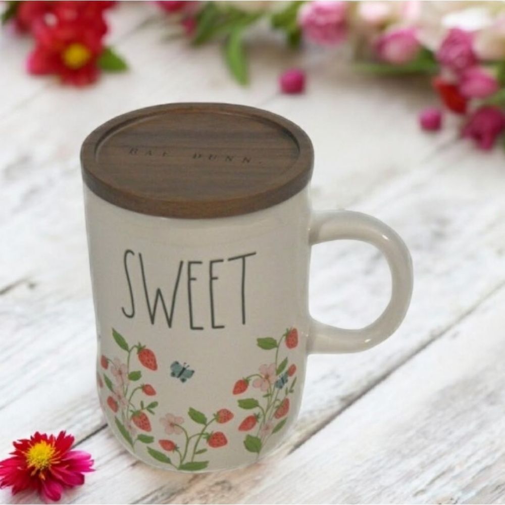 Rae Dunn Sweet Strawberry Butterfly Ceramic Mug with Lid Farmhouse Style